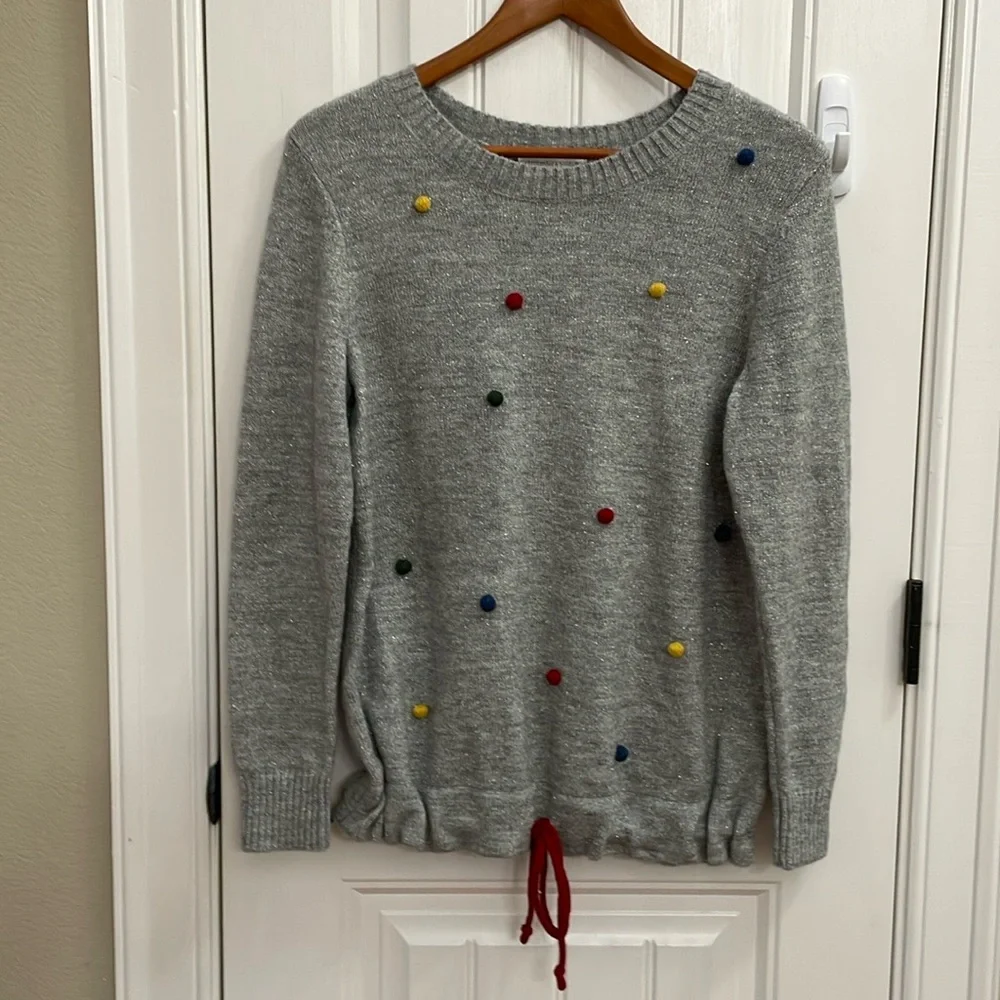 🎉CHRISTOPHER & BANKS gray silver shimmer Pom Pom sweater.  S